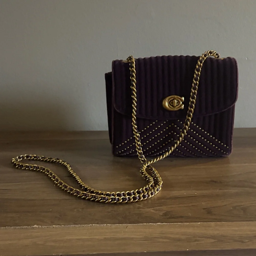 Coach Purple Velvet Quilted Crossbody with Gold Chain - Picture 2 of 12